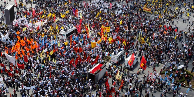 June 5, 2013: Anti-government protesters gather for a rally in Ankara. A Turkish protest group demanded on Wednesday that the government abandon plans to redevelop an Istanbul park and that it sack governors and police chiefs the group holds responsible for violence during days of clashes across Turkey.