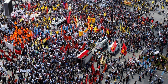 June 5, 2013: Anti-government protesters gather for a rally in Ankara. A Turkish protest group demanded on Wednesday that the government abandon plans to redevelop an Istanbul park and that it sack governors and police chiefs the group holds responsible for violence during days of clashes across Turkey.