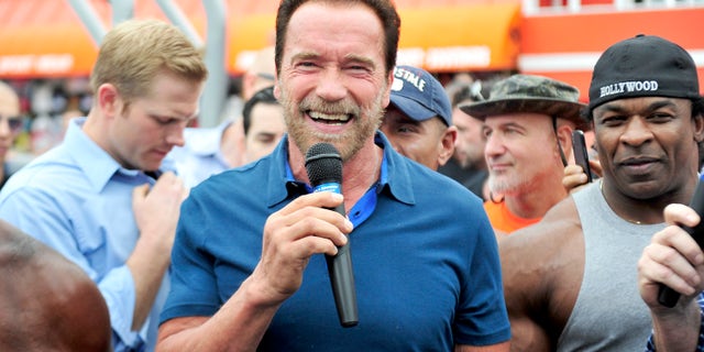 VENICE, CA - SEPTEMBER 20: Arnold Schwarzenegger hosts a special body building experience at the famed Muscle Beach Venice to celebrate the launch of the Arnold Series, an exclusive line of new nutritional supplements developed by Schwarzenegger and MusclePharm on September 20, 2013 in Venice, California. (Photo by Jerod Harris/Getty Images for MusclePharm)