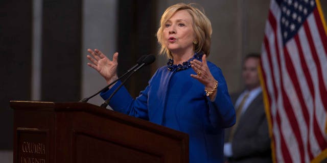 NEW YORK, NY - APRIL 29: Democratic presidential hopeful and former Secretary of State Hillary Clinton speaks during the David N. Dinkins Leadership and Public Policy Forum at Columbia University April 29, 2015 in New York City. Clinton addressed the unrest in Baltimore calling for police body cameras and a reform to sentencing. (Photo by Kevin Hagen/Getty Images)