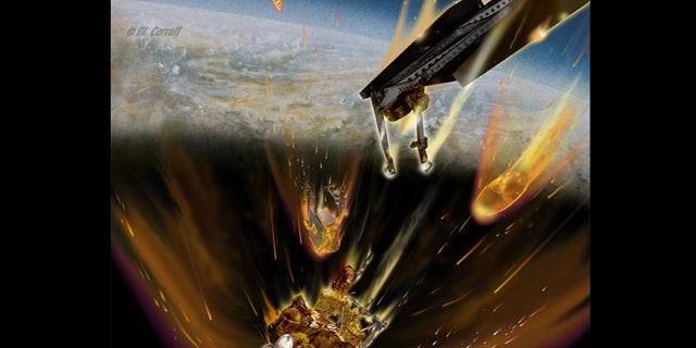 This artist's concept shows fuel from Russia's failed Mars probe Phobos-Grunt burning from a ruptured fuel tank as the spacecraft re-enters the atmosphere.