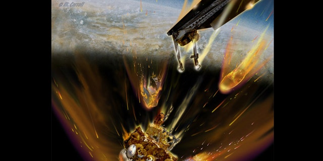This artist's concept shows fuel from Russia's failed Mars probe Phobos-Grunt burning from a ruptured fuel tank as the spacecraft re-enters the atmosphere.