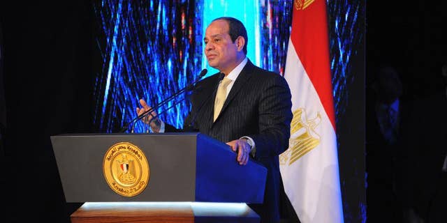 In this handout photo provided by the Egyptian presidency, President Abdel-Fatteh el-Sissi speaks during a ceremony making Police Day, at the Police Academy in an Eastern Cairo suburb, Tuesday, Jan. 24, 2017.  El-Sissi says he is alarmed by his country's high divorce rates and is suggesting ground-breaking legislation to ban Muslim husbands from verbally declaring their spouses divorced. (Egyptian Presidency via AP)