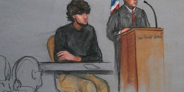 Jan. 5, 2015: In this file courtroom sketch, Boston Marathon bombing suspect Dzhokhar Tsarnaev is depicted beside U.S. District Judge George O'Toole Jr., right, as O'Toole addresses a pool of potential jurors in a jury assembly room at the federal courthouse, in Boston. (AP)