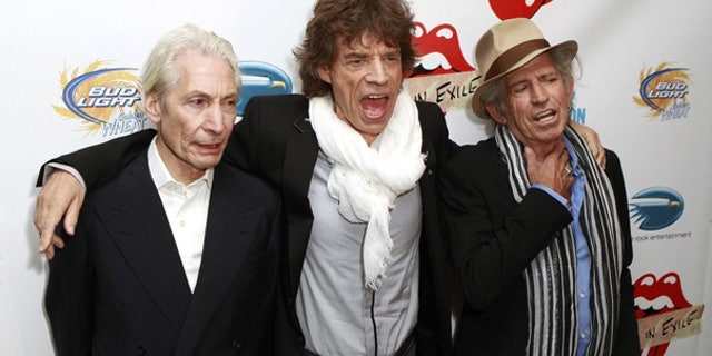 Rolling Stones band members Charles Watts, Mick Jagger, and Keith Richards.