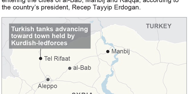 Map locates Syrian cities where Turkey plans to expand operations; 2c x 2 3/4 inches; 96.3 mm x 69 mm;