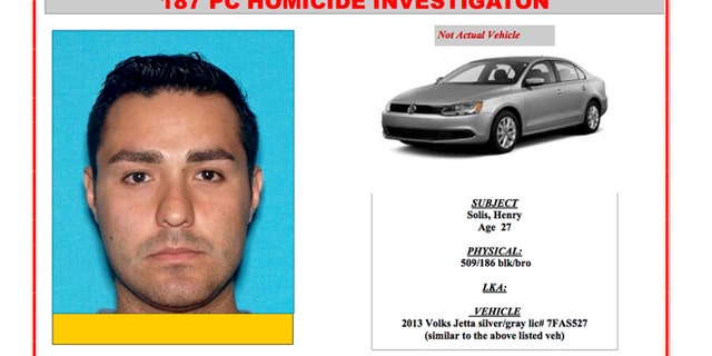 This Internet 'person of interest' message posted online by the Pomona, Calif., Police Department shows Henry Solis. Solis, 27, a rookie Los Angeles police officer, is being sought as a person of interest in connection with a fatal shooting near a bar in Pomona Friday night, March 13, 2015. Solis' Volkswagen Jetta was found in a Pomona alley about four blocks from where Salome Rodriguez Jr. was gunned down Friday when a fistfight turned deadly. Solis has not reported for work since the shooting.(AP Photo/Pomona Police Department)