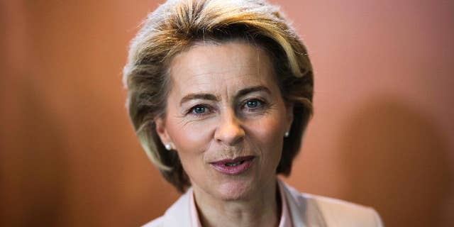 German Defense Minister Ursula von der Leyen arrives for the weekly cabinet meeting of the German government at the chancellery in Berlin, Wednesday, May 3, 2017. (AP Photo/Markus Schreiber)
