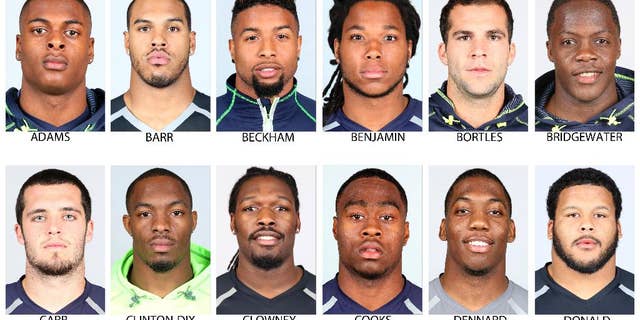 FILE - In these photos provided by the NFL, taken at the NFL Combine in Indianapolis in April 2014, NFL Draft prospects are shown. Top row from left are: Davonte Adams, Fresno State; Anthony Barr, UCLA; Odell Beckham, LSU, Kelvin Benjamin, Florida State; Blake Bortles, Central Florida and Teddy Bridgewater, Louisville. Bottom from left are: Derek Carr, Fresno State; Ha Ha Clinton-Dix, Alabama; Jadeveon Clowney, South Carolina; Brandin Cooks, Oregon State; Darqueze Dennard, Michigan State and Aaron Donald, Pittsburgh. (AP Photo/NFL) NO SALES