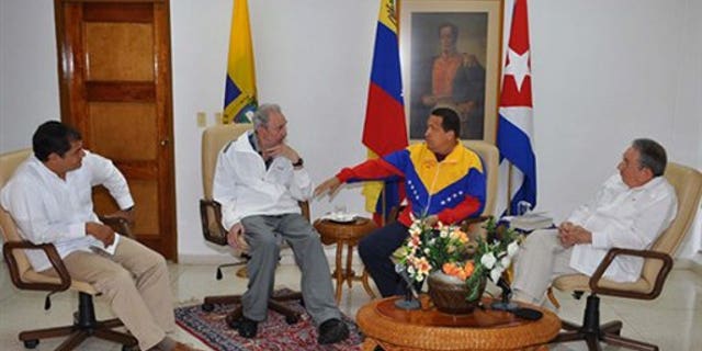 Jul 21: Photo released by Cuban government website Cubadebate. Pictured from left to right, Ecuador President Rafael Correa, Fidel Castro, Venezeulan President Hugo Chavez and Cuban President Raul Castro.
