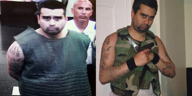 Derek Medina (pictured left) appears on closed circuit television in a special suicide watch gown before a Miami Dade County Judge. Derek in a Facebook photo holding weapons (right.)