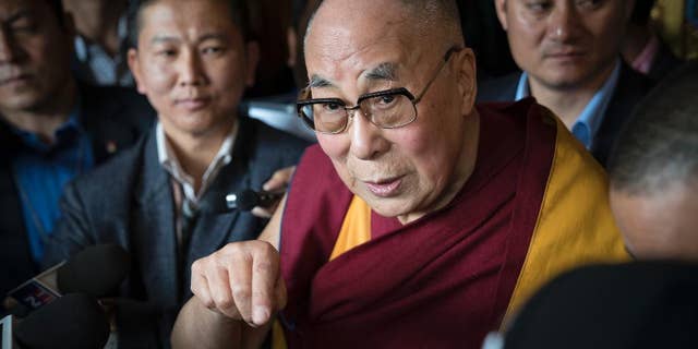 Tibetan spiritual leader the Dalai Lama, talks to the media after consecrating the Thupsung Dhargyeling Monastery in Dirang, Arunachal Pradesh, India, in 2017. (AP Photo/ Tenzin Choejor)
