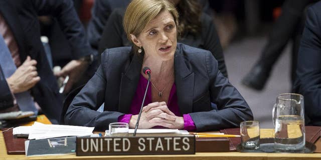 In this photo provided by the United Nations, Samantha Power, U.S. Ambassador to the United Nations, addresses the United Nations Security Council, after the council voted on condemning Israel's settlements in the West Bank and east Jerusalem, Friday, Dec. 23, 2016 at United Nations Headquarters. In a striking rupture with past practice, the United States allowed the U.N. Security Council on Friday to condemn Israel. (Manuel Elias/The United Nations via AP)