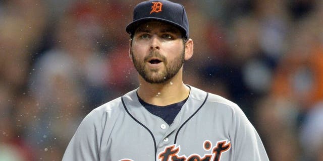 Sep 16, 2016; Cleveland, OH, USA; Detroit Tigers starting pitcher Michael Fulmer (32) reacts after being called for a balk during the third inning against the Cleveland Indians at Progressive Field. Mandatory Credit: Ken Blaze-USA TODAY Sports