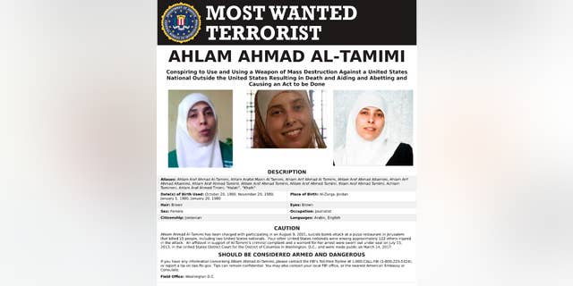 This image provided by the FBI is the most wanted poster for Ahlam Aref Ahmad Al-Tamimi, a Jordanian woman charged in connection with a 2001 bombing of a Jerusalem pizza restaurant that killed 15 people and injured dozens of others. The case against Ahlam Aref Ahmad Al-Tamimi was filed under seal in 2013 but announced publicly by the Justice Department on March 14, 2017. (FBI via AP)