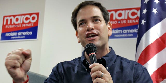 Republican candidate for the U.S. Senate, Marco Rubio, pumps his fist as he finishes speaking to supporters during a campaign stop Saturday, Oct. 30, 2010, in Lakeland, Fla. (AP Photo/Chris O'Meara)