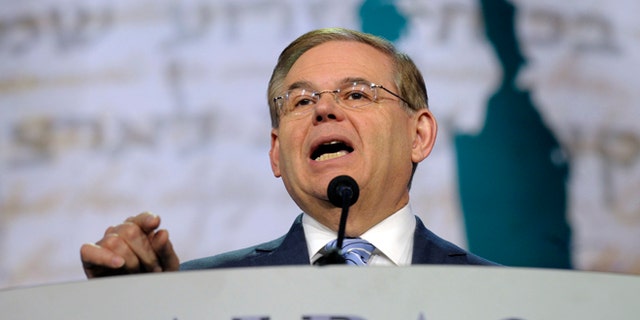 Senate Foreign Relations Committee Chairman Sen. Robert Menendez, D-N.J., addresses the American-Israeli Public Affairs Committee (AIPAC) 2013 Policy Conference at the Walter E. Washington Convention Center in Washington, Tuesday, March 5, 2013. Menendez, who has maintained that he never paid prostitutes for sex, said he is looking forward to whatever evidence emerges from courts in the Dominican Republic to vindicate him.  (AP Photo/Susan Walsh)