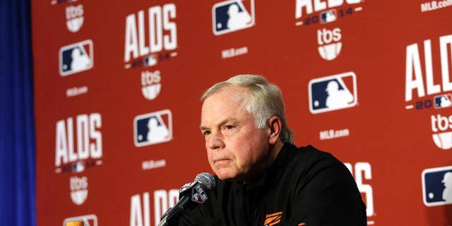 Baltimore Orioles manager Buck Showalter speaks at a news conference, Wednesday, Oct. 1, 2014, in Baltimore. The Orioles start the playoffs against the Detroit Tigers in Game 1 of the American League Division Series Thursday. (AP Photo/Patrick Semansky)