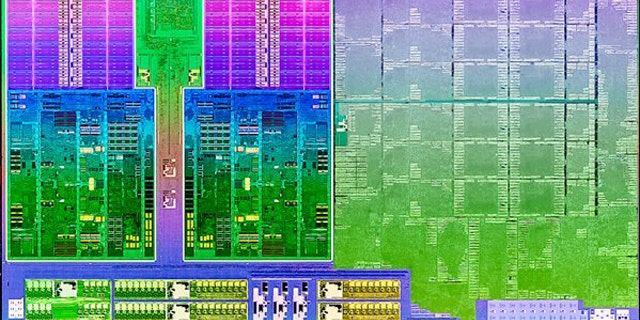 May 14, 2012: A portion of the "die shot," or close up photograph, reveals some of the parts making up the new Trinity processor from AMD.