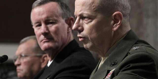 Marine Lt. Gen. John Allen, President Obama's choice to lead the military in Afghanistan, right, testifies on Capitol Hill in Washington, Tuesday, June 28, 2011, before the Senate Armed Services Committee hearing on his nomination. (AP Photo/J. Scott Applewhite)