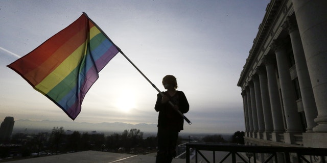 Corbin Aoyagi, a supporters of gay marriage, waves his flag during a rally at the Utah State Capitol.