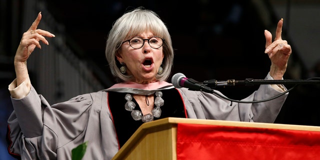 Rita Moreno raps her commencement address during Berklee College of Music commencement ceremonies in Boston, Saturday, May 7, 2016. (AP Photo/Michael Dwyer)