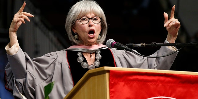 Rita Moreno raps her commencement address during Berklee College of Music commencement ceremonies in Boston, Saturday, May 7, 2016. (AP Photo/Michael Dwyer)