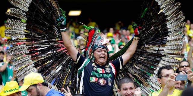 A Mexican fan shows off his costume before the group A World Cup soccer match between Brazil and Mexico at the Arena Castelao in Fortaleza, Brazil, Tuesday, June 17, 2014. (AP Photo/Andre Penner)