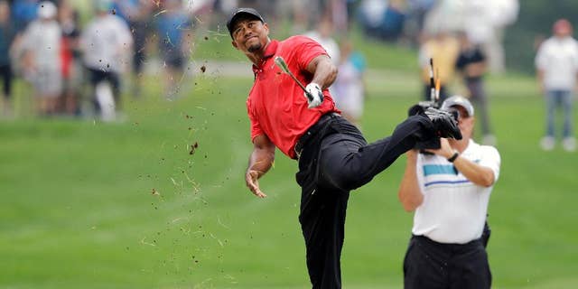 Tiger Woods makes an awkward follow through after hitting from the lip of a fairway bunker on the second hole during the final round of the Bridgestone Invitational golf tournament Sunday, Aug. 3, 2014, at Firestone Country Club in Akron, Ohio. (AP Photo/Mark Duncan)