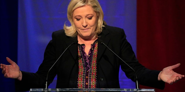 Dec. 13, 2015: Far Right National Front party leader Marine Le Pen delivers her speech after the results of the second round of the regional elections in Henin-Beaumont, northern France.