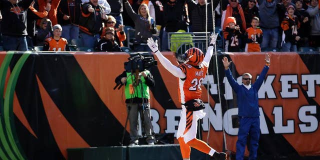 Cincinnati Bengals free safety Taylor Mays celebrates a safety after he blocked a punt during the first half of an NFL football game against the Jacksonville Jaguars in Cincinnati, Sunday, Nov. 2, 2014. (AP Photo/AJ Mast)