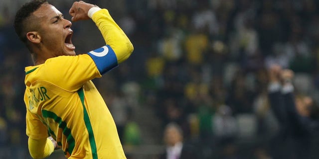 Brazil's Neymar celebrates at the end of a quarter-final match of the men's Olympic football tournament against Colombia in Sao Paulo, Brazil, Saturday Aug. 13, 2016. Brazil won 2-0 and qualified for the semi-finals.(AP Photo/Leo Correa)