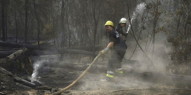 Aug. 10: Unidentified Bulgarian fire fighters hose water onto smoldering tree trunks in a forest in the Noginsk district some 70 km east of Moscow. Hundreds of forest and peat bog fires have ignited amid the country's most intense heat wave in 130 years of record-keeping.