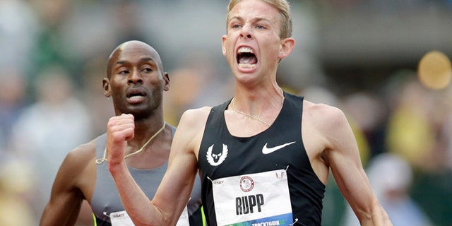 June 28, 2012: Galen Rupp celebrates after finishing first in the men's 5,000 meter finals at the U.S. Olympic Track and Field Trials in Eugene, Ore.