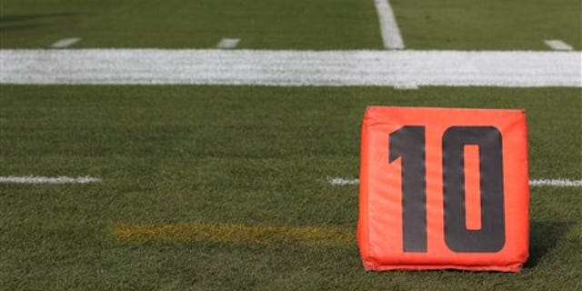 A detail view of a 10 yard line marker is seen prior to an NFL football game against the Jacksonville Jaguars at EverBank Field on Sunday, Oct. 18, 2015 in Jacksonville, Fla. (Perry Knotts via AP)