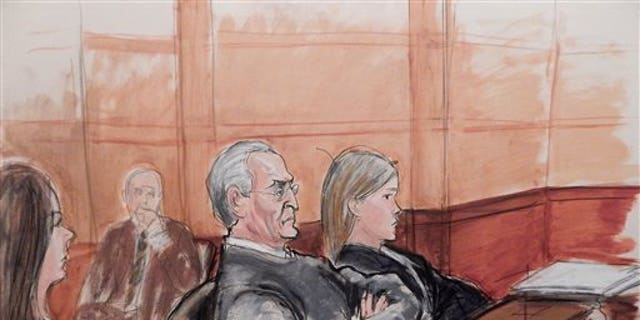 In this courtroom sketch, Vincent Asaro, 80, third from left, sits flanked by his defense attorneys during opening arguments Monday, in his federal racketeering conspiracy trial for his role in the JFK Airport cargo heist.  The dramatic robbery was immortalized in the film Goodfellas. (Elizabeth Williams via AP)