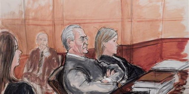 In this courtroom sketch, Vincent Asaro, 80, third from left, sits flanked by his defense attorneys during opening arguments Monday, in his federal racketeering conspiracy trial for his role in the JFK Airport cargo heist. The dramatic robbery was immortalized in the film Goodfellas. (Elizabeth Williams via AP)