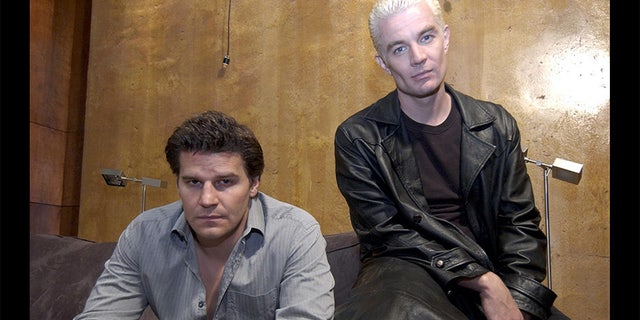 James Marsters (left) as Spike with co-star David Boreanaz, who played Angel, on "Buffy the Vampire Slayer."