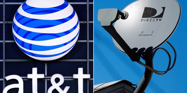 This file combo made from file photos shows the AT&T logo on the side of a corporate office in Springfield, Ill., left, and a DirecTV satellite dish atop a home in Los Angeles.