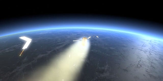 Illustration of the European ATV-2 reentry and breakup because of the atmospheric forces.