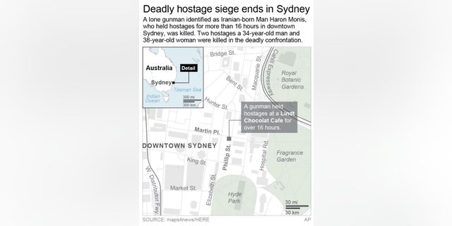 UPDATES with details of deaths; graphic locates the Lindt Cafe where a lone gunman held hostage in downtown Sydney for more than 16 hours; 2c x 4 1/4 inches; 96.3 mm x 107 mm;