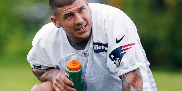 New England Patriots' Aaron Hernandez during NFL football practice in May 29, 2013 in Foxborough, Mass.