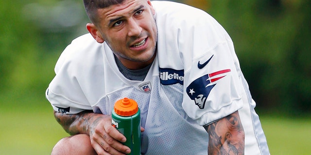 New England Patriots' Aaron Hernandez during NFL football practice in May 29, 2013 in Foxborough, Mass.
