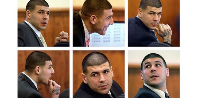 In this panel of 2015 file photos, former New England Patriots football player Aaron Hernandez sits in court during his murder trial in Fall River, Mass. (AP)