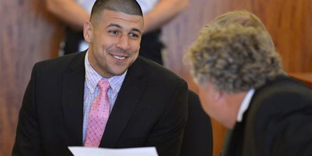 Aaron Hernandez during a hearing in Fall River superior court Monday July 7, 2014, in Fall River, Mass.