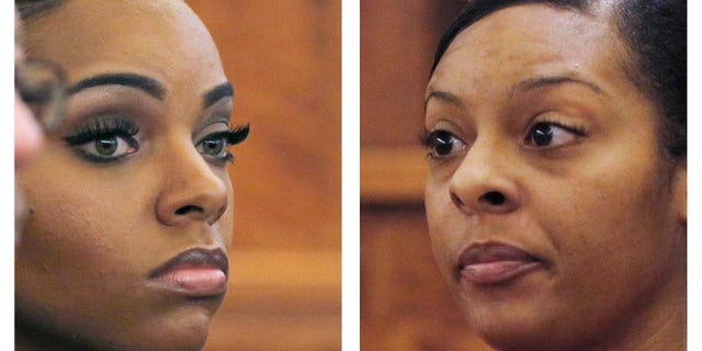 FILE - In this combo of Feb. 4, 2015 file photos, Shayanna Jenkins, left, fiancee of former NFL football player Aaron Hernandez, listens to her sister Shaneah Jenkins, right, testify during Hernandez's murder trial at Bristol County Superior Court in Fall River, Mass. Hernandez is accused of the June 2013 killing of Odin Lloyd. The sisters introduced the two men 10 months before the killing. Their once-close relationship now appears fractured, as each sister has aligned herself with a different side. (AP Photo/Brian Snyder, Pool, File)