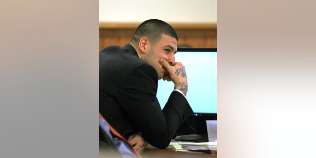 Former New England Patriots football player Aaron Hernandez on Tuesday, March 10, 2015 in Fall River, Mass.