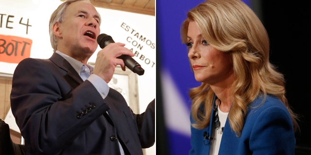 In this Tuesday, Oct. 14, 2014 photo, Texas Republican gubernatorial candidate Greg Abbott in Houston and Texas State Senator Wendy Davis, Democratic Gubernatorial candidate, in Dallas on Tuesday Sept. 30, 2014.