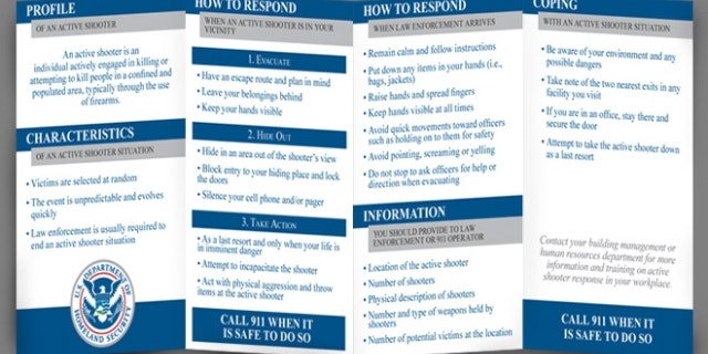 A pocket card handed out to Homeland Security employees in April detailing how they should handle an "active shooter" situation.