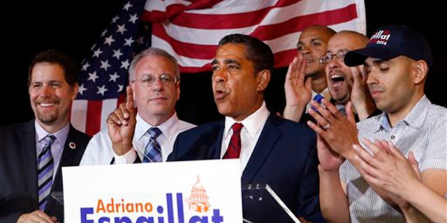 Espaillat declaring his race with Rangel too close to call in the Democratic primary for NY's 13th Congressional District, June 24, 2014.